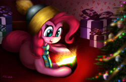 Size: 5120x3360 | Tagged: safe, artist:darksly, imported from derpibooru, pinkie pie, pony, christmas, christmas tree, female, holiday, mare, present, solo, tree