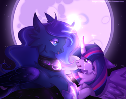 Size: 1900x1492 | Tagged: safe, artist:topolok, imported from derpibooru, princess luna, twilight sparkle, alicorn, pony, concave belly, crying, curved horn, duo, female, full moon, glowing horn, holding hooves, horn, looking at each other, mare, moon, night, peytral, prone, twilight sparkle (alicorn)