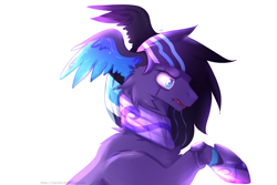 Size: 3000x2000 | Tagged: safe, artist:topolok, imported from derpibooru, oc, oc only, original species, pony, bust, cheek fluff, eye scar, frown, head wings, portrait, raised hoof, scar, simple background, solo, white background, wing ears, wings