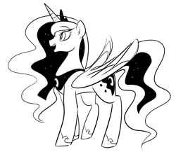 Size: 1500x1300 | Tagged: safe, artist:haden-2375, artist:haden__, imported from derpibooru, princess luna, alicorn, pony, black and white, female, grayscale, happy, mare, monochrome, simple background, sketch, smiling, solo, white background