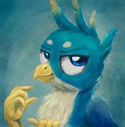 Size: 1028x1051 | Tagged: safe, artist:el-yeguero, imported from derpibooru, gallus, griffon, bust, looking at you, male, portrait, simple background, smiling, solo