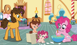 Size: 1915x1109 | Tagged: safe, artist:liya04, imported from derpibooru, cheese sandwich, pinkie pie, oc, oc:chocolate cherry pie, oc:sugar party, pony, baby, baby pony, batter, bown, box, cheesepie, female, food, male, offspring, parent:cheese sandwich, parent:pinkie pie, parents:cheesepie, shipping, straight