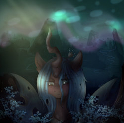 Size: 3400x3353 | Tagged: safe, artist:topolok, imported from derpibooru, queen chrysalis, changeling, changeling queen, :<, bust, crown, female, jewelry, looking down, mountain, portrait, regalia, sad, solo, spread wings, wings