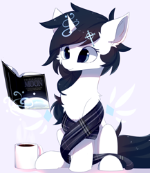 Size: 1300x1500 | Tagged: safe, artist:heddopen, imported from derpibooru, oc, oc only, oc:yuna hala, pony, unicorn, book, chest fluff, clothes, ear fluff, hairpin, magic, mug, scarf, solo