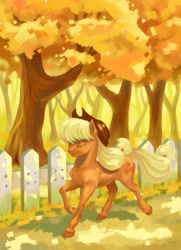 Size: 794x1096 | Tagged: safe, artist:skyaircobra, imported from derpibooru, applejack, earth pony, pony, autumn, colored hooves, cowboy hat, eyes closed, female, fence, hat, mare, smiling, solo, tree, trotting