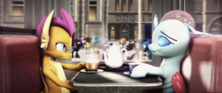 Size: 4096x1716 | Tagged: safe, artist:lux-the-pegasus, imported from derpibooru, ocellus, smolder, changedling, changeling, dragon, 3d, changeling x dragon, coffee, cup, dragoness, female, lesbian, shipping, smolcellus, teacup, teapot