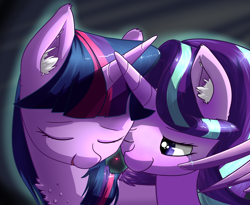 Size: 1920x1574 | Tagged: safe, artist:xrei, imported from derpibooru, starlight glimmer, twilight sparkle, pony, chest fluff, crossed horns, crying, cute, ear fluff, eyes closed, fanfic, fanfic art, fanfic cover, female, horn, horns are touching, mare, one eye closed, shipping?, tears of joy