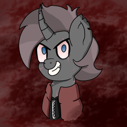 Size: 900x900 | Tagged: safe, artist:feelingpandy, imported from derpibooru, oc, oc only, oc:rage, pony, unicorn, fallout equestria, bloodshot eyes, bust, clothes, edgy, fallout equestria oc, grin, male, multicolored hair, raider, red background, scar, sharp teeth, simple background, smiling, stallion, teeth