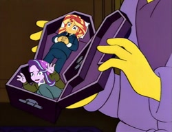 Size: 703x540 | Tagged: safe, edit, edited screencap, imported from derpibooru, screencap, starlight glimmer, sunset shimmer, equestria girls, clothes, coffin, dead, end of ponies, hilarious in hindsight, parody, simpsons did it, the end of equestria girls, the simpsons