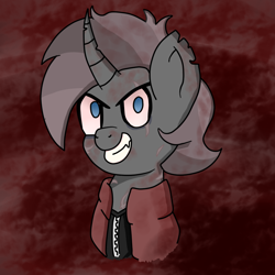 Size: 900x900 | Tagged: safe, alternate version, artist:feelingpandy, imported from derpibooru, oc, oc only, oc:rage, pony, unicorn, fallout equestria, blood, bloodshot eyes, bust, clothes, edgy, fallout equestria oc, grin, male, multicolored hair, raider, red background, scar, sharp teeth, simple background, smiling, stallion, teeth