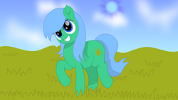 Size: 1920x1080 | Tagged: safe, artist:onil innarin, imported from derpibooru, oc, oc only, oc:kruti napatum, earth pony, pony, cloud, ear fluff, female, grass, grin, happy, mare, shading, smiling, solo, trotting, vector, wallpaper