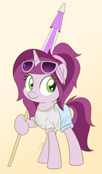 Size: 2000x3399 | Tagged: safe, artist:esfelt, imported from derpibooru, oc, oc only, oc:lilac prose, pony, unicorn, clothes, female, gradient background, mare, shirt, shorts, smiling, solo, summer, sunglasses, umbrella