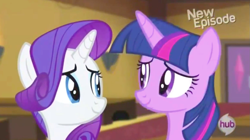 Size: 1233x689 | Tagged: safe, imported from derpibooru, screencap, rarity, twilight sparkle, alicorn, rarity takes manehattan, hub logo, looking at each other, new episode, smiling, twilight sparkle (alicorn)