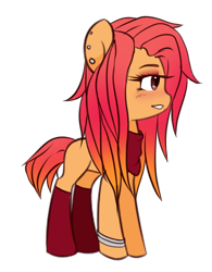 Size: 484x622 | Tagged: safe, artist:jinx--minx, imported from derpibooru, oc, oc only, oc:autumn leaf (ice1517), earth pony, pony, bandana, blushing, bracelet, clothes, ear piercing, earring, eyeshadow, female, jewelry, lidded eyes, makeup, mare, piercing, simple background, socks, solo, thigh highs, transparent background