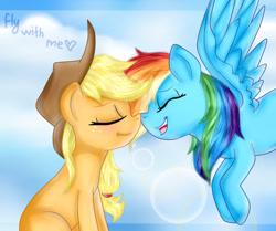 Size: 1024x856 | Tagged: safe, artist:lelka-philka, imported from derpibooru, applejack, rainbow dash, earth pony, pegasus, pony, appledash, boop, female, flying, heart, lesbian, mare, noseboop, shipping, sitting, text