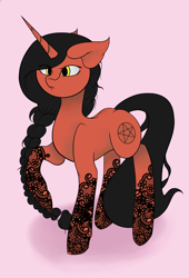 Size: 1500x2200 | Tagged: safe, artist:gearos, imported from derpibooru, oc, oc only, oc:arcane shadow, pony, unicorn, female, mare, raised hoof, red and black oc, solo, tattoo, witch