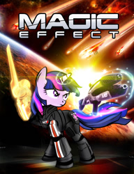 Size: 786x1021 | Tagged: safe, artist:dan232323, imported from derpibooru, twilight sparkle, pony, blaster, crossover, cutie mark on clothes, female, magic, mare, mass effect, n7, n7 armor, omni-blade, omni-tool, telekinesis