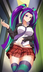 Size: 722x1200 | Tagged: safe, artist:thebrokencog, imported from derpibooru, aria blaze, human, big breasts, breasts, busty aria blaze, canterlot high, clothes, door, eyelashes, eyeshadow, female, frown, hair tie, hallway, humanized, indoors, jacket, lockers, looking at you, low angle, makeup, miniskirt, necktie, pigtails, plaid skirt, pleated skirt, schoolgirl, sexy, shirt, skirt, socks, solo, striped socks, thigh highs, thighs, tight clothing, twintails, zettai ryouiki