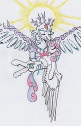 Size: 937x1444 | Tagged: safe, artist:kuroneko, derpibooru exclusive, imported from derpibooru, princess flurry heart, tree of harmony, oc, oc:harmony (kuroneko), alicorn, pony, colored pencil drawing, female, halo, holding a pony, mare, older, older flurry heart, simple background, traditional art, white background