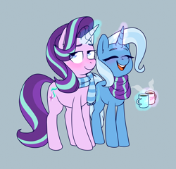 Size: 3446x3307 | Tagged: safe, artist:klngkumquat, imported from derpibooru, starlight glimmer, trixie, pony, unicorn, blushing, chocolate, clothes, cute, diatrixes, duo, female, food, glimmerbetes, hot chocolate, laughing, lesbian, magic, mare, mug, scarf, shipping, startrix, telekinesis