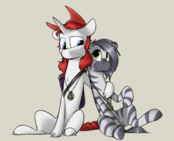 Size: 1170x951 | Tagged: safe, artist:sinrar, imported from derpibooru, oc, oc:saisha, oc:valiant heart, pony, unicorn, zebra, cute, hug, jewelry, pendant, shield, simple background, sitting