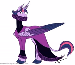 Size: 2707x2343 | Tagged: safe, artist:twilightdreamkeeper, imported from derpibooru, twilight sparkle, alicorn, classical unicorn, pony, unicorn, clothes, cloven hooves, collar, colored wings, cuffs (clothes), dress, elizabethan, female, leonine tail, ruff (clothing), ruffles, simple background, solo, twilight sparkle (alicorn), unshorn fetlocks, white background