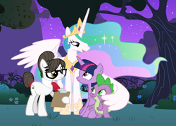 Size: 2898x2070 | Tagged: safe, artist:themexicanpunisher, imported from derpibooru, princess celestia, raven, spike, twilight sparkle, alicorn, female, group photo, interspecies, male, momlestia, ravenspike, shipping, straight, twilight sparkle (alicorn)