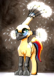 Size: 1887x2665 | Tagged: safe, artist:oddwarg, imported from derpibooru, oc, oc only, oc:sulphur nimbus, classical hippogriff, hippogriff, armor, beak, female, rainbow tail, solo, sparkler (firework), sparklers, sulphur nimbus, talons, wings