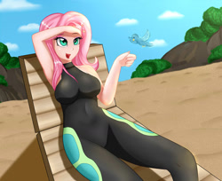 Size: 1280x1047 | Tagged: safe, alternate version, artist:focusb, imported from derpibooru, fluttershy, bird, human, equestria girls, armpits, breasts, chair, clothes, equestria girls outfit, explicit source, female, fluttershy's wetsuit, humanized, open mouth, sitting, solo, wetsuit