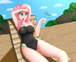 Size: 1280x1047 | Tagged: safe, alternate version, artist:focusb, imported from derpibooru, fluttershy, bird, human, equestria girls, armpits, breasts, chair, clothes, explicit source, female, fluttershy's one-piece swimsuit, humanized, one-piece swimsuit, open mouth, sitting, solo, swimsuit