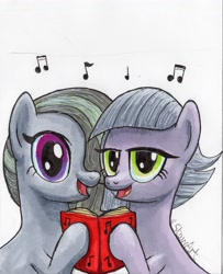 Size: 3199x3932 | Tagged: safe, artist:stewart501st, imported from derpibooru, limestone pie, marble pie, earth pony, pony, book, caroling, female, mare, music notes, singing, sisters, smiling, traditional art