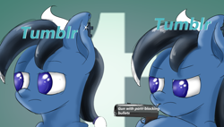 Size: 1212x688 | Tagged: safe, artist:plushcolossus, imported from derpibooru, oc, oc only, earth pony, pony, abstract background, female, gun, mare, meme, ponified, trust nobody not even yourself, tumblr, tumblr 2018 nsfw purge, tumblr drama, weapon