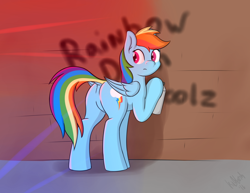 Size: 1280x989 | Tagged: safe, artist:kitbash, imported from derpibooru, rainbow dash, pegasus, pony, butt, caught, dock, featureless crotch, female, graffiti, looking back, plot, police lights, rainbutt dash, solo, vandalism