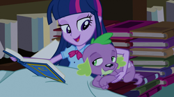 Size: 1904x1064 | Tagged: safe, imported from derpibooru, screencap, spike, twilight sparkle, alicorn, dog, equestria girls, equestria girls (movie), blanket, book, hug, sleepy, spike the dog, twilight sparkle (alicorn)