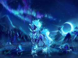 Size: 3146x2344 | Tagged: safe, artist:light-of-inirida, imported from derpibooru, oc, oc only, pony, aurora borealis, badass, crescent moon, female, ice, mare, moon, night, scenery, tundra