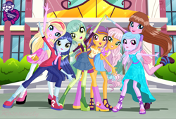 Size: 6000x4068 | Tagged: safe, artist:rosesweety, imported from derpibooru, equestria girls, absurd resolution, astoria rapunzel, blossom hart, canterlot high, equestria girls logo, equestria girls-ified, joy lefrog, lily mermaid, lingling ironfan, lori robin hood, regal academy, rose cinderella