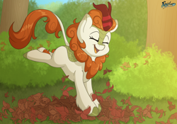 Size: 5000x3500 | Tagged: safe, artist:fluffyxai, imported from derpibooru, autumn blaze, kirin, sounds of silence, autumn, autumn leaves, awwtumn blaze, bush, commission, cute, female, forest, jumping, laughing, leaping, leaves, prancing, smiling, solo, tree