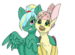 Size: 1024x754 | Tagged: safe, artist:loladotz, imported from derpibooru, oc, oc:windsong, oc:wisteria, hybrid, duo, fanfic in the description, interspecies offspring, offspring, open mouth, parent:discord, parent:fluttershy, parent:rainbow dash, parent:zephyr breeze, parents:discoshy, parents:zephdash, ponytail, simple background, smiling, white background