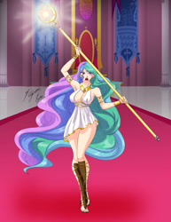 Size: 2153x2786 | Tagged: safe, alternate version, artist:shinta-girl, imported from derpibooru, princess celestia, human, armpits, breasts, cleavage, clothes, dress, feet, female, humanized, magic, sandals, scepter, solo