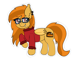 Size: 1046x843 | Tagged: safe, alternate version, artist:darkwolfhybrid, imported from derpibooru, oc, oc only, oc:pumpkin spice, bat pony, pony, bat pony oc, clothes, commission, cute, ear piercing, glasses, piercing, pumpkin pie, raised leg, simple background, standing, sweater, transparent background