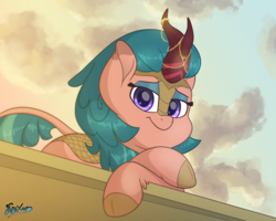 Size: 5000x4000 | Tagged: safe, artist:fluffyxai, imported from derpibooru, somnambula, kirin, sounds of silence, bedroom eyes, cloud, grin, horn jewelry, jewelry, kirin-ified, lying down, resting, sky, smiling, species swap, sunset