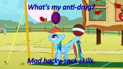 Size: 640x360 | Tagged: safe, edit, edited screencap, imported from derpibooru, screencap, rainbow dash, pony, fall weather friends, ball, caption, cards against humanity, female, flower, image macro, raised leg, rose, smiling, solo, text