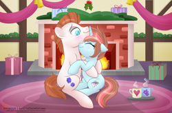 Size: 5069x3329 | Tagged: safe, artist:raspberrystudios, imported from derpibooru, oc, oc only, earth pony, pony, unicorn, christmas, embrace, female, fire, fireplace, hearth's warming, holiday, hug, male, mare, mug, present, shipping, stallion