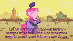 Size: 640x360 | Tagged: safe, edit, edited screencap, imported from derpibooru, screencap, pinkie pie, pony, over a barrel, caption, cards against humanity, dancing, female, image macro, meme, saloon dress, saloon pinkie, showgirl, solo, text, you gotta share