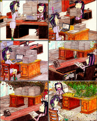 Size: 1836x2294 | Tagged: safe, artist:meiyeezhu, imported from derpibooru, starlight glimmer, twilight sparkle, human, book, boss, burning, chair, clothes, comic, computer, desk, fire, fishnets, frustrated, green fire, high heels, horned humanization, humanized, inferno, laptop computer, office, office chair, old master q, pantyhose, paper, paperwork, phone, printer, question mark, rage quit, shocked, shoes, skirt, smoke, stack, stockings, suit, surprised, telephone, thigh highs, working