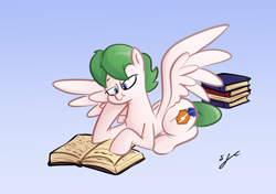 Size: 2480x1748 | Tagged: safe, artist:christheblue, imported from derpibooru, oc, oc only, oc:libby belle, pegasus, pony, book, commission, female, gradient background, mare, solo, spread wings, studying