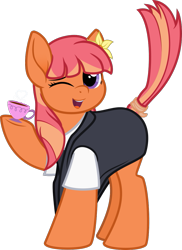 Size: 875x1200 | Tagged: safe, artist:binkyt11, derpibooru exclusive, imported from derpibooru, oc, oc only, oc:star anrise, earth pony, pony, 2019 community collab, derpibooru community collaboration, .svg available, clothes, cup, cute, flower, flower in hair, food, inkscape, looking at you, ocbetes, one eye closed, simple background, solo, svg, tail wrap, tea, teacup, transparent background, vector, wink