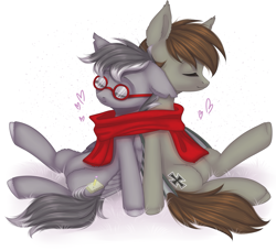 Size: 2445x2232 | Tagged: safe, artist:avrameow, imported from derpibooru, oc, oc only, oc:zenfox, unnamed oc, earth pony, pegasus, pony, clothes, digital art, duo, eyes closed, glasses, high res, male, scarf, shared clothing, shared scarf, sitting, sleeping, stallion, ych result