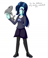 Size: 1800x2200 | Tagged: safe, artist:jake heritagu, imported from derpibooru, oc, oc only, oc:dolly dusk, shark, comic:aria's archives, equestria girls, clothes, eyeshadow, goth, hair over one eye, makeup, offspring, older, parent:chancellor neighsay, parent:sonata dusk, plushie, shark plushie, simple background, skirt, solo, white background