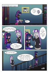 Size: 2650x4096 | Tagged: safe, artist:verumteednp, deleted from derpibooru, imported from derpibooru, sci-twi, spike, spike the regular dog, twilight sparkle, twilight velvet, dog, comic:sparkling shimmer, equestria girls, backpack, chapter 2, clothes, comic, dialogue, equestria girls-ified, glasses, ponytail, skirt, speech bubble, stairs, walking